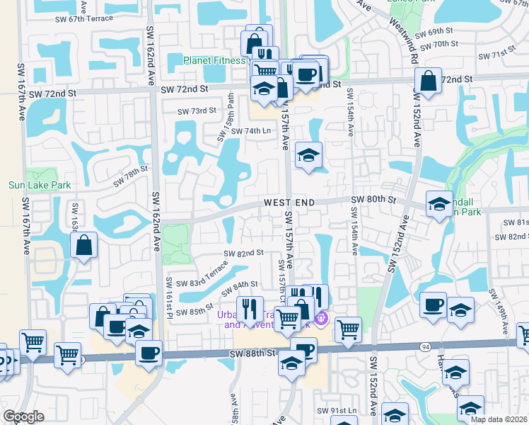 map of restaurants, bars, coffee shops, grocery stores, and more near 8012 Southwest 157th Place in Miami