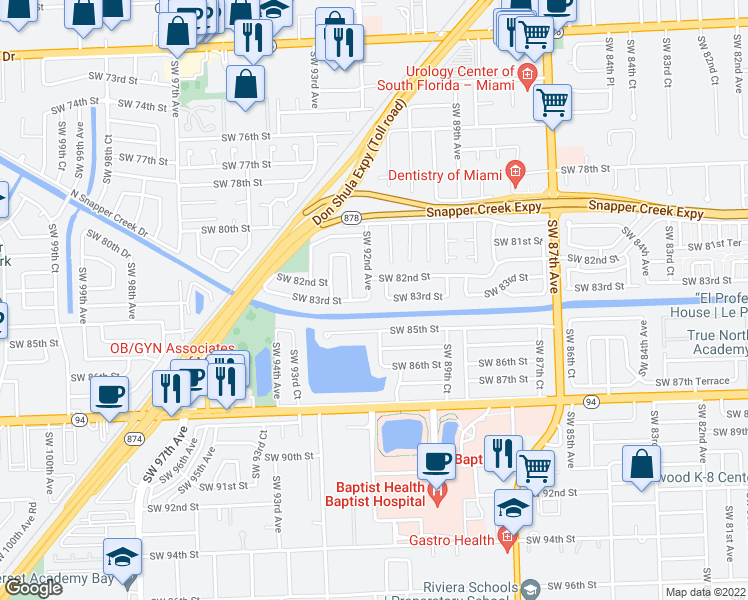 map of restaurants, bars, coffee shops, grocery stores, and more near 8251 Southwest 92nd Avenue in Miami