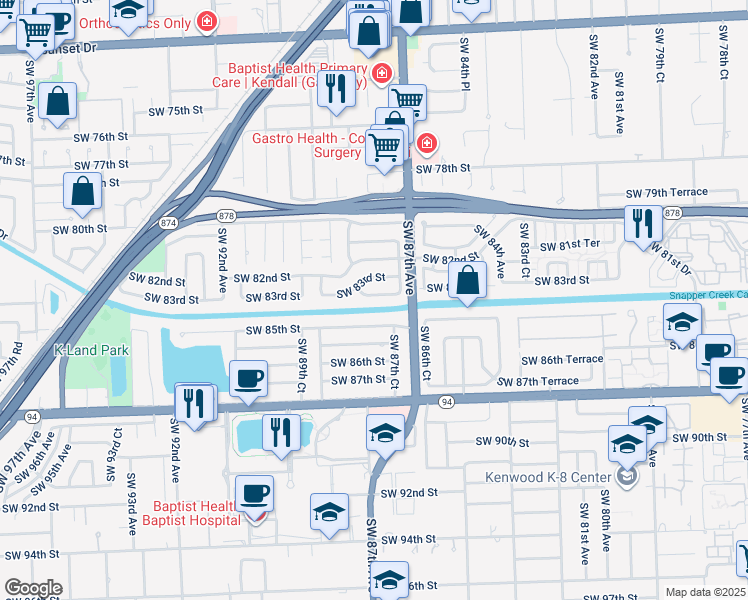 map of restaurants, bars, coffee shops, grocery stores, and more near 8780 SW 84th St in Miami