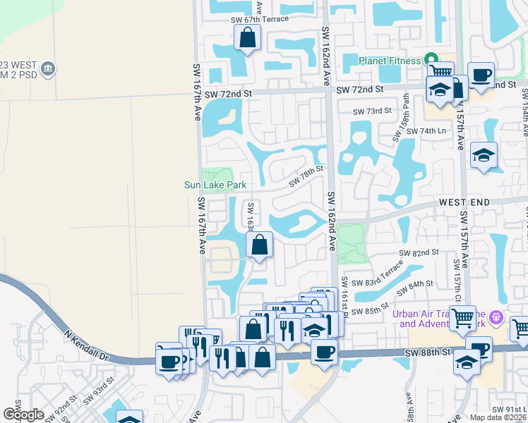 map of restaurants, bars, coffee shops, grocery stores, and more near 7931 Southwest 164th Avenue in Miami