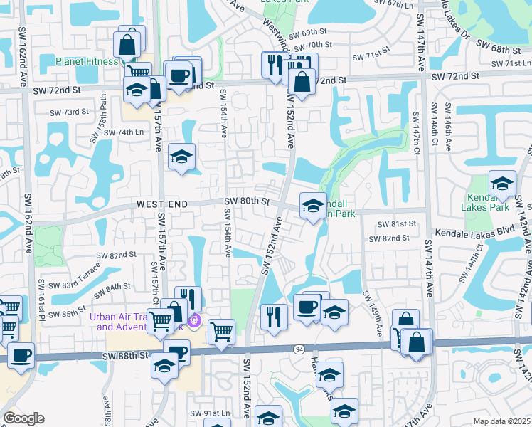 map of restaurants, bars, coffee shops, grocery stores, and more near 8000 Southwest 152nd Avenue in Miami