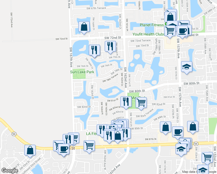 map of restaurants, bars, coffee shops, grocery stores, and more near 16324 SW 79th Terrace in Miami