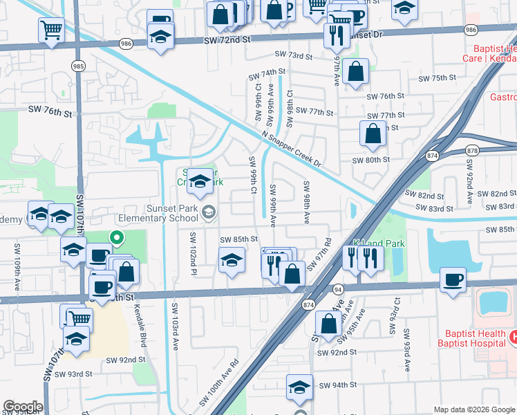 map of restaurants, bars, coffee shops, grocery stores, and more near 8245 SW 99th Ct in Miami