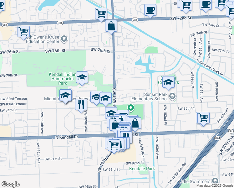 map of restaurants, bars, coffee shops, grocery stores, and more near 8207 Southwest 107th Avenue in Miami