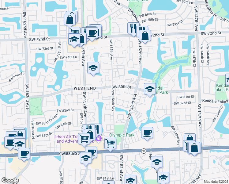 map of restaurants, bars, coffee shops, grocery stores, and more near 8016 Southwest 153rd Place in Miami