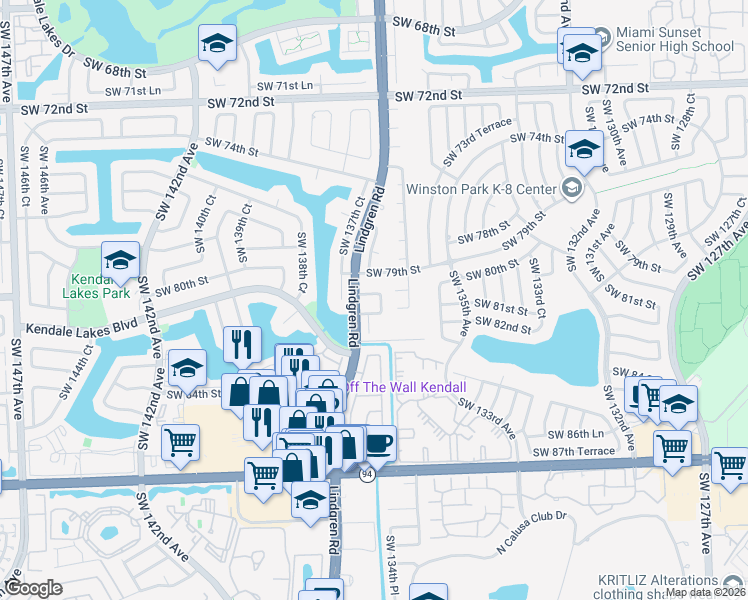 map of restaurants, bars, coffee shops, grocery stores, and more near 13660 Southwest 80th Street in Miami