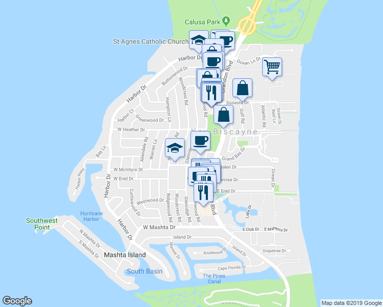 map of restaurants, bars, coffee shops, grocery stores, and more near 485 Glenridge Road in Key Biscayne