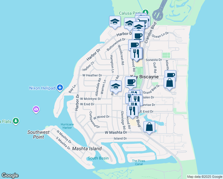 map of restaurants, bars, coffee shops, grocery stores, and more near 482 Ridgewood Road in Key Biscayne