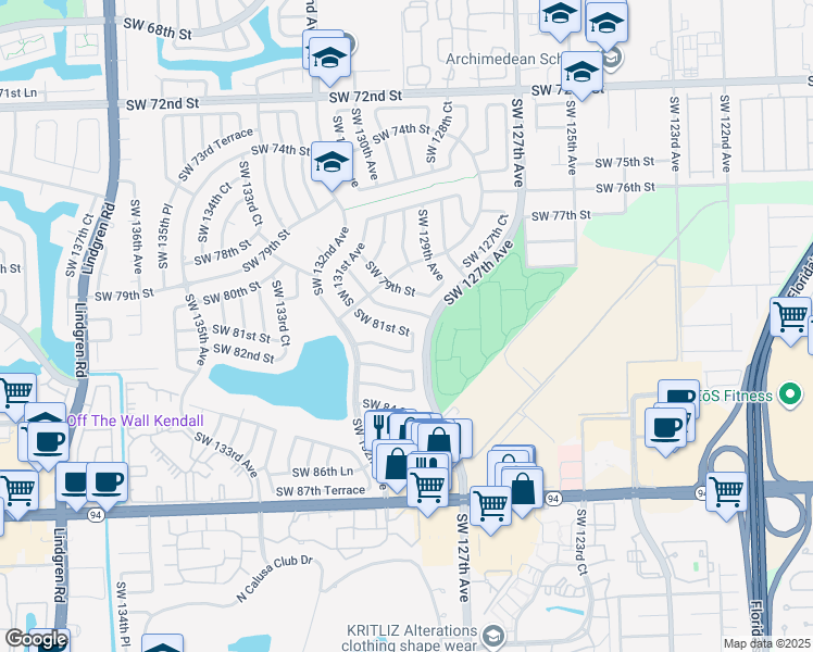 map of restaurants, bars, coffee shops, grocery stores, and more near 12911 Southwest 81st Street in Miami