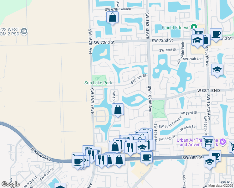 map of restaurants, bars, coffee shops, grocery stores, and more near 7931 Southwest 164th Avenue in Miami