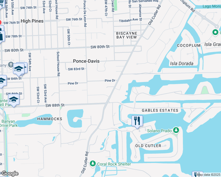 map of restaurants, bars, coffee shops, grocery stores, and more near 8550 Old Cutler Road in Coral Gables