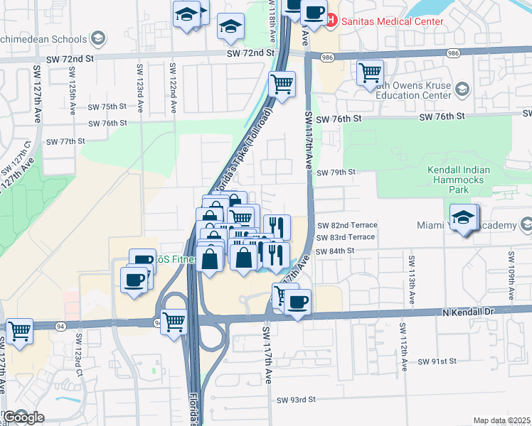 map of restaurants, bars, coffee shops, grocery stores, and more near 11840 Southwest 80th Street in Miami