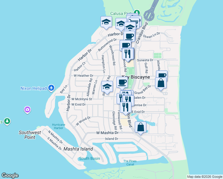 map of restaurants, bars, coffee shops, grocery stores, and more near 482 Glenridge Road in Key Biscayne