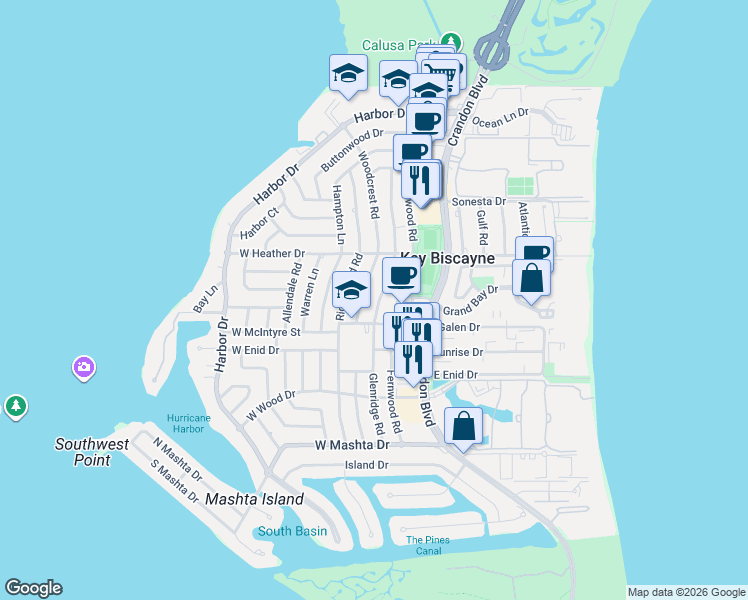 map of restaurants, bars, coffee shops, grocery stores, and more near 482 Glenridge Road in Key Biscayne