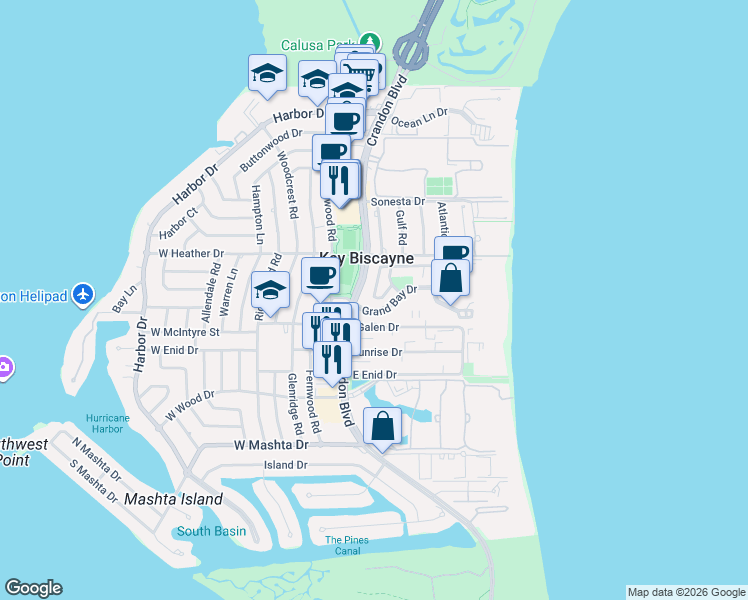 map of restaurants, bars, coffee shops, grocery stores, and more near in Key Biscayne