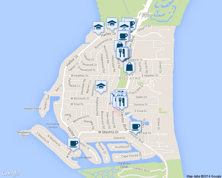 map of restaurants, bars, coffee shops, grocery stores, and more near 485 Glenridge Road in Key Biscayne