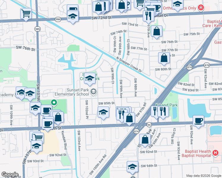 map of restaurants, bars, coffee shops, grocery stores, and more near 8245 Southwest 99th Court in Miami