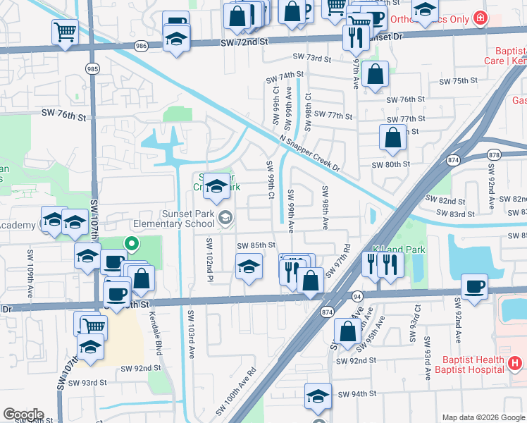map of restaurants, bars, coffee shops, grocery stores, and more near 8245 Southwest 99th Court in Miami
