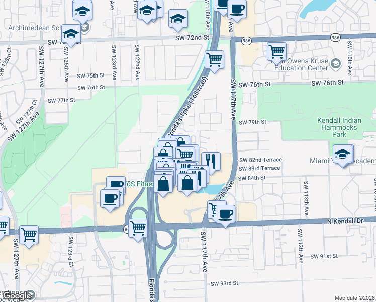 map of restaurants, bars, coffee shops, grocery stores, and more near 11916 Southwest 81st Lane in Miami