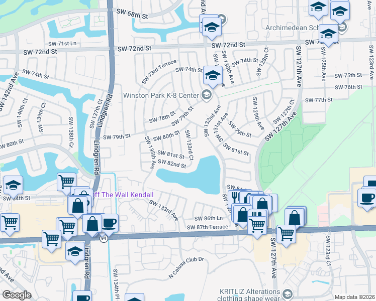 map of restaurants, bars, coffee shops, grocery stores, and more near 8074 Southwest 133rd Court in Miami