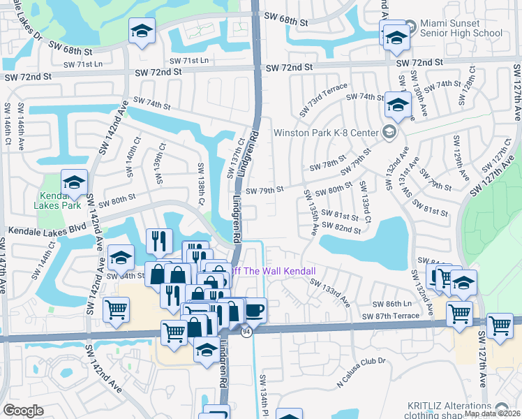 map of restaurants, bars, coffee shops, grocery stores, and more near 13660 Southwest 80th Street in Miami