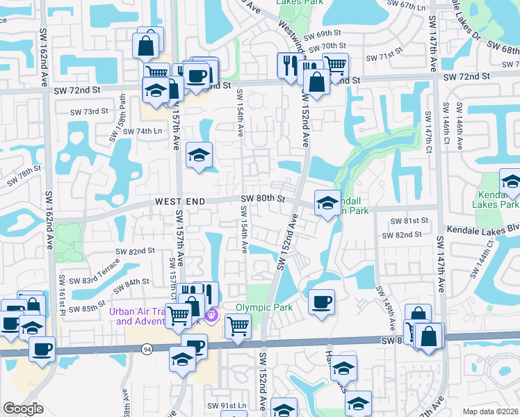 map of restaurants, bars, coffee shops, grocery stores, and more near 8016 Southwest 153rd Place in Miami