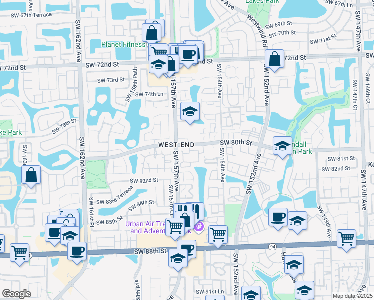 map of restaurants, bars, coffee shops, grocery stores, and more near 15640 Southwest 80th Street in Miami