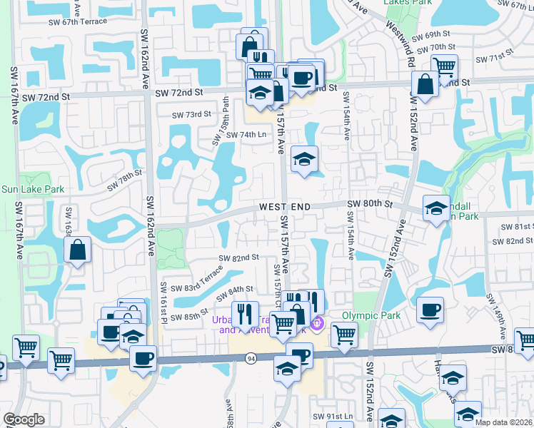 map of restaurants, bars, coffee shops, grocery stores, and more near 8012 Southwest 157th Place in Miami