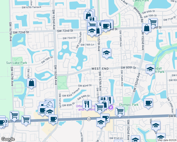 map of restaurants, bars, coffee shops, grocery stores, and more near 8012 Southwest 157th Place in Miami