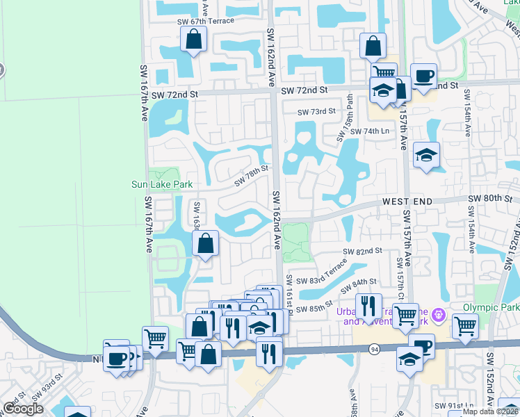 map of restaurants, bars, coffee shops, grocery stores, and more near 16248 Southwest 79th Terrace in Miami