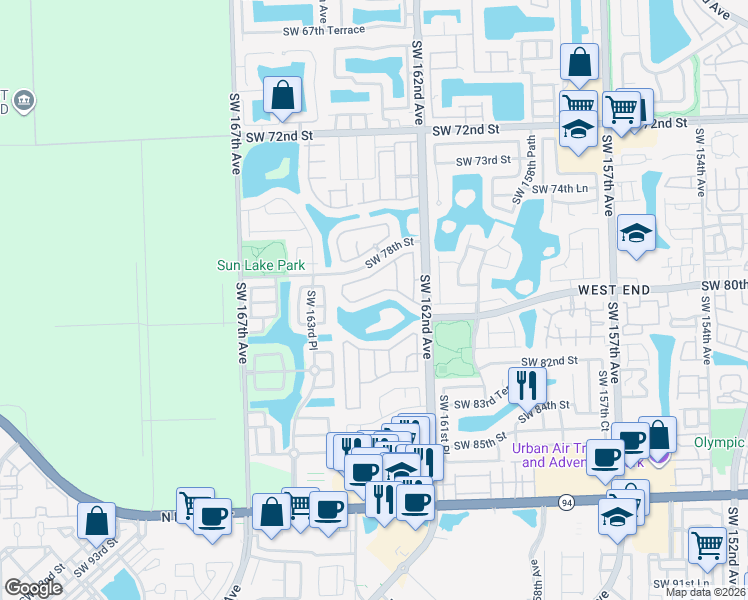 map of restaurants, bars, coffee shops, grocery stores, and more near 16324 Southwest 79th Terrace in Miami