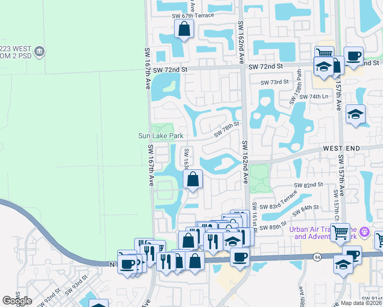map of restaurants, bars, coffee shops, grocery stores, and more near 7931 Southwest 164th Avenue in Miami