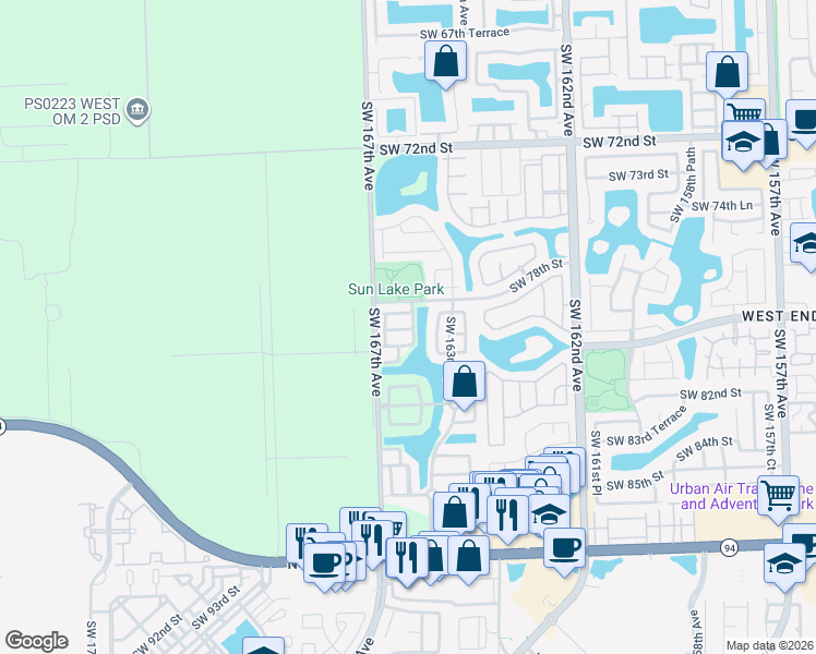 map of restaurants, bars, coffee shops, grocery stores, and more near 16634 Southwest 79th Terrace in Miami