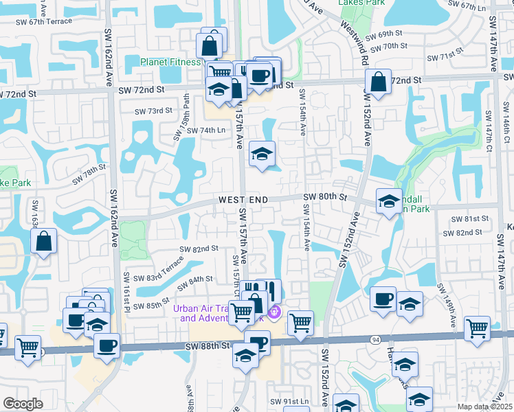 map of restaurants, bars, coffee shops, grocery stores, and more near 15640 Southwest 80th Street in Miami