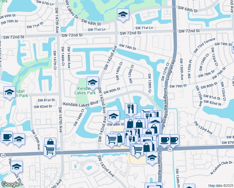 map of restaurants, bars, coffee shops, grocery stores, and more near 14051 Kendale Lakes Boulevard in Miami