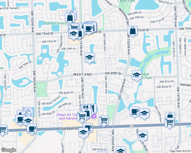 map of restaurants, bars, coffee shops, grocery stores, and more near 15492 Southwest 80th Street in Miami