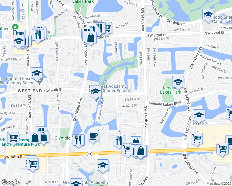map of restaurants, bars, coffee shops, grocery stores, and more near in Kendall West