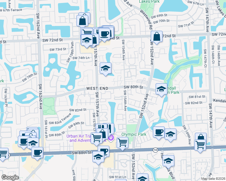 map of restaurants, bars, coffee shops, grocery stores, and more near 15492 Southwest 80th Street in Miami