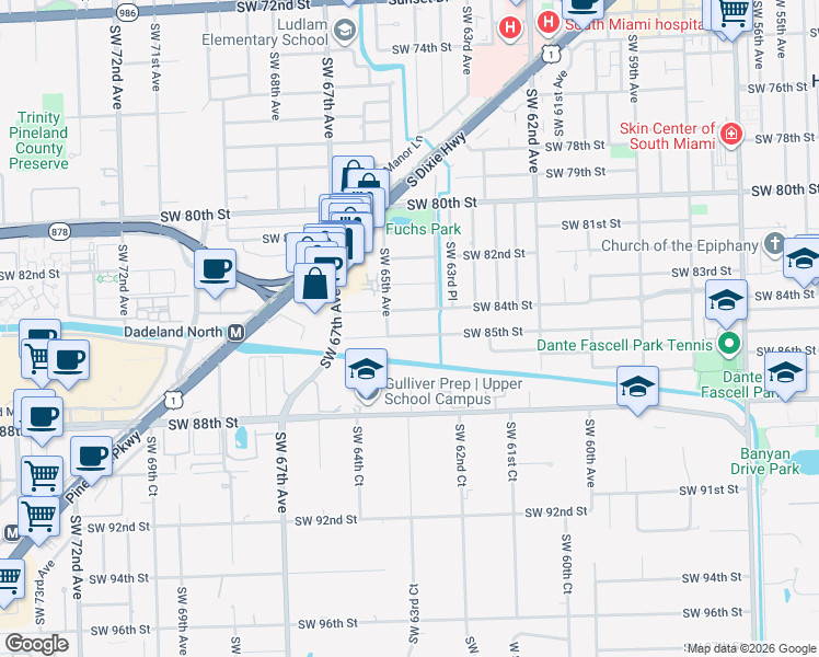 map of restaurants, bars, coffee shops, grocery stores, and more near 6481 Southwest 85th Street in Miami