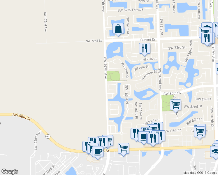 map of restaurants, bars, coffee shops, grocery stores, and more near 7063 Southwest 166th Place in Miami