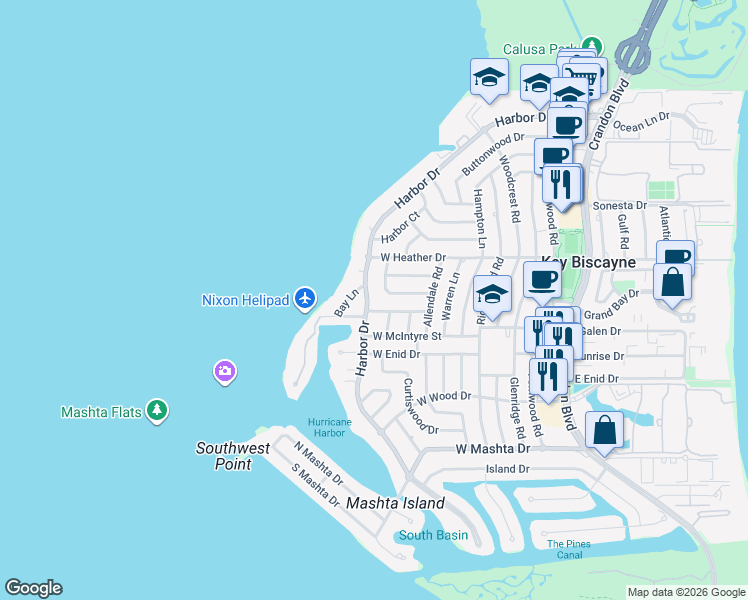 map of restaurants, bars, coffee shops, grocery stores, and more near 501 Harbor Drive in Key Biscayne