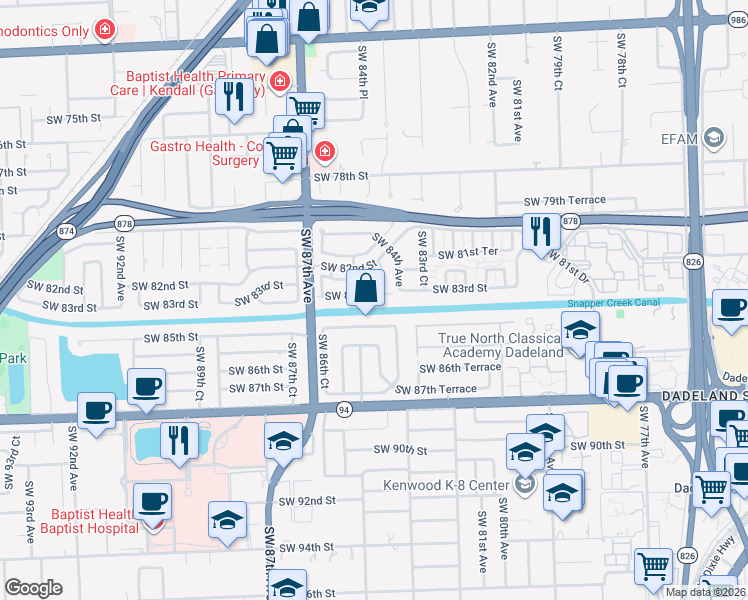 map of restaurants, bars, coffee shops, grocery stores, and more near 8470 Southwest 83rd Street in Miami