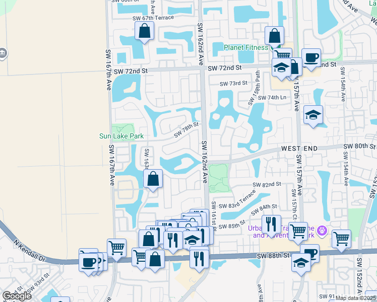 map of restaurants, bars, coffee shops, grocery stores, and more near 16264 Southwest 79th Terrace in Miami