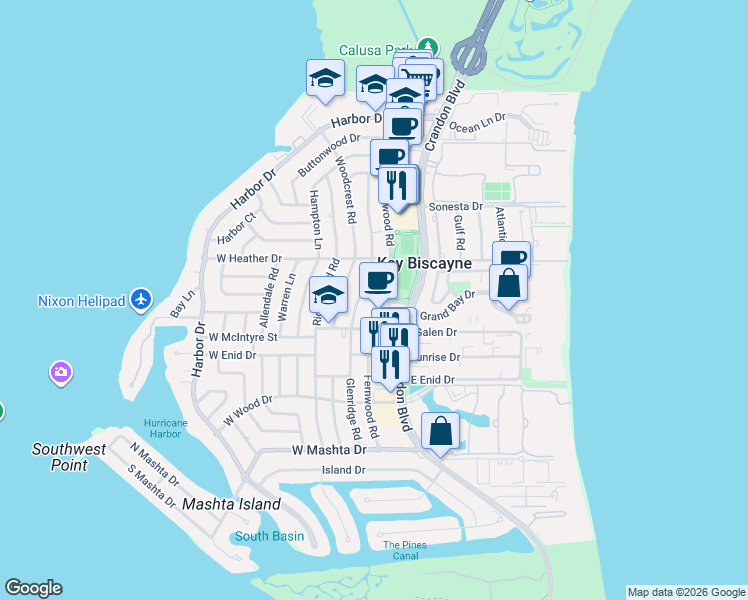 map of restaurants, bars, coffee shops, grocery stores, and more near 10 Village Green Way in Key Biscayne