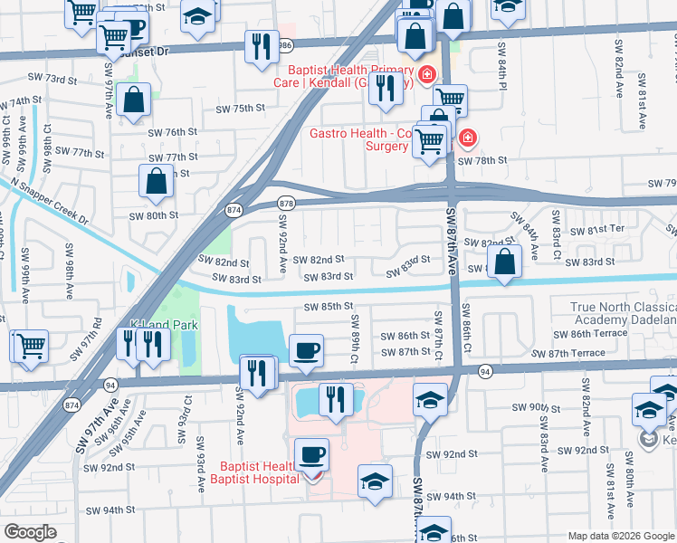 map of restaurants, bars, coffee shops, grocery stores, and more near 8930 Southwest 83rd Street in Miami