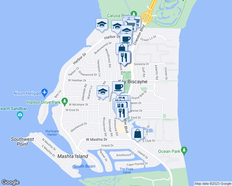 map of restaurants, bars, coffee shops, grocery stores, and more near 472 Fernwood Road in Key Biscayne