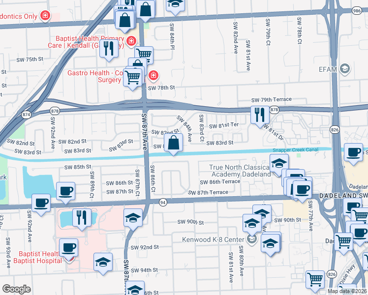 map of restaurants, bars, coffee shops, grocery stores, and more near 8470 Southwest 83rd Street in Miami