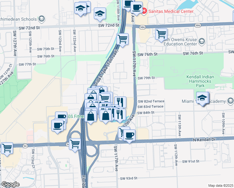 map of restaurants, bars, coffee shops, grocery stores, and more near 8181 Southwest 118th Court in Miami
