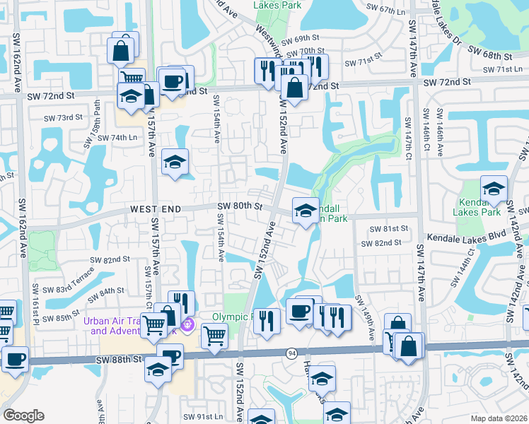 map of restaurants, bars, coffee shops, grocery stores, and more near 8014 Southwest 151st Court in Miami