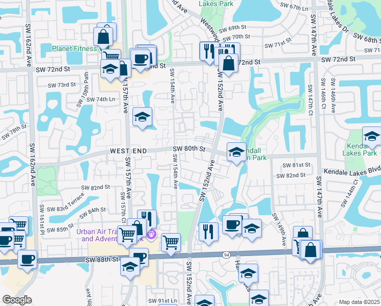 map of restaurants, bars, coffee shops, grocery stores, and more near 15260 Southwest 80th Street in Miami